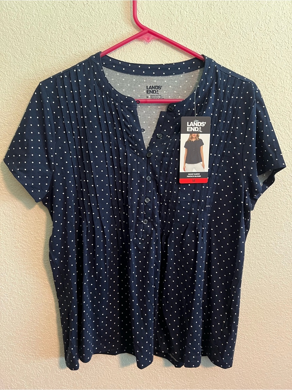 NWT Lands' End Navy Short Sleeve Pintuck Dot Top
